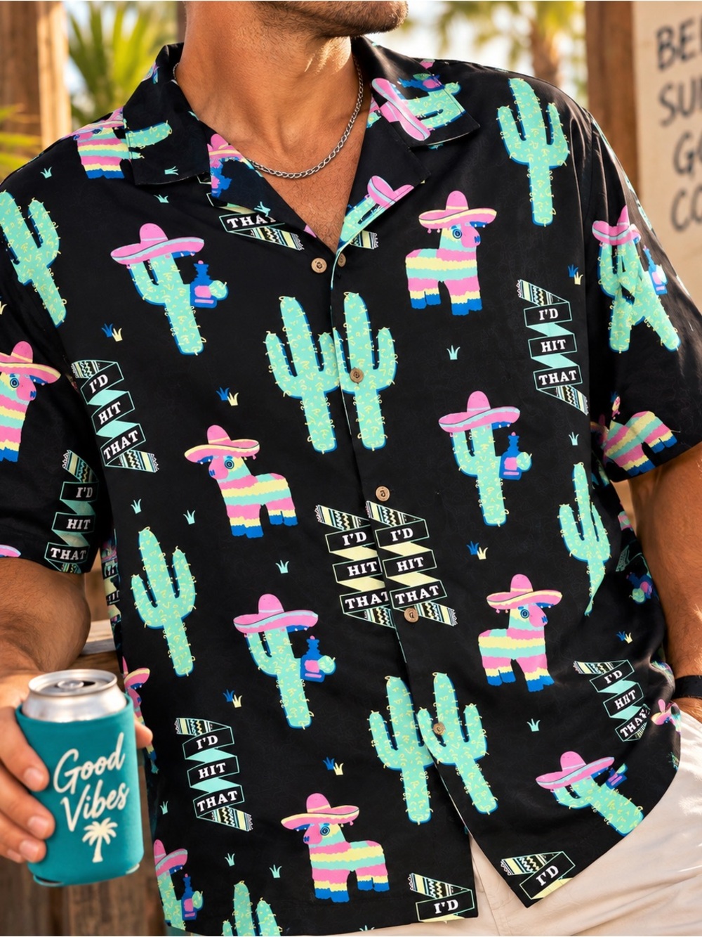 Small | Party Pants | Black Piñata Cactus Button-Up Party Shirt